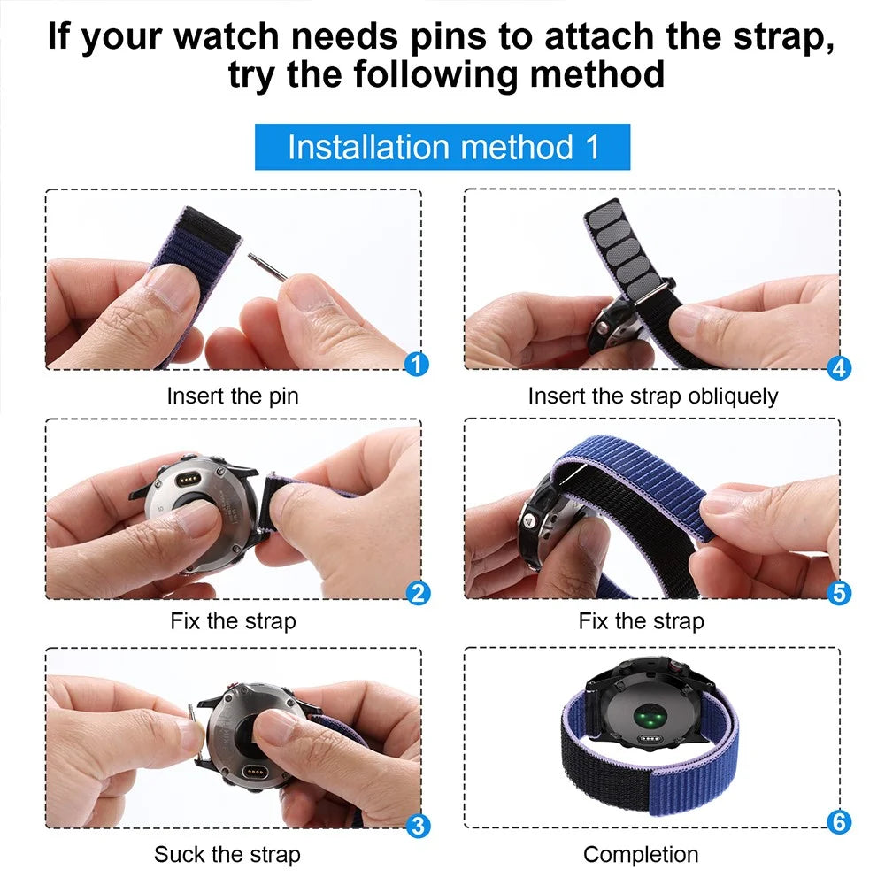 For Garmin Tactix 7 Pro / Fenix 7X / Fenix 6X Pro Stitching Watch Strap 26mm Adjustable Loop Nylon Wrist Band - Blue+Black - 6