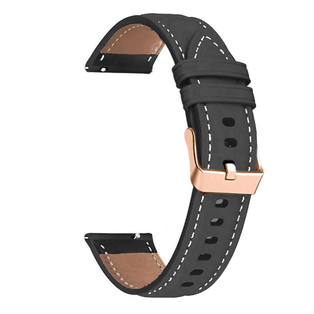 Watch Band for Garmin Venu / Sq / Sq 2 / 2 Plus , 20mm Genuine Cow Leather Strap with Rose Gold Buckle - Black - 1