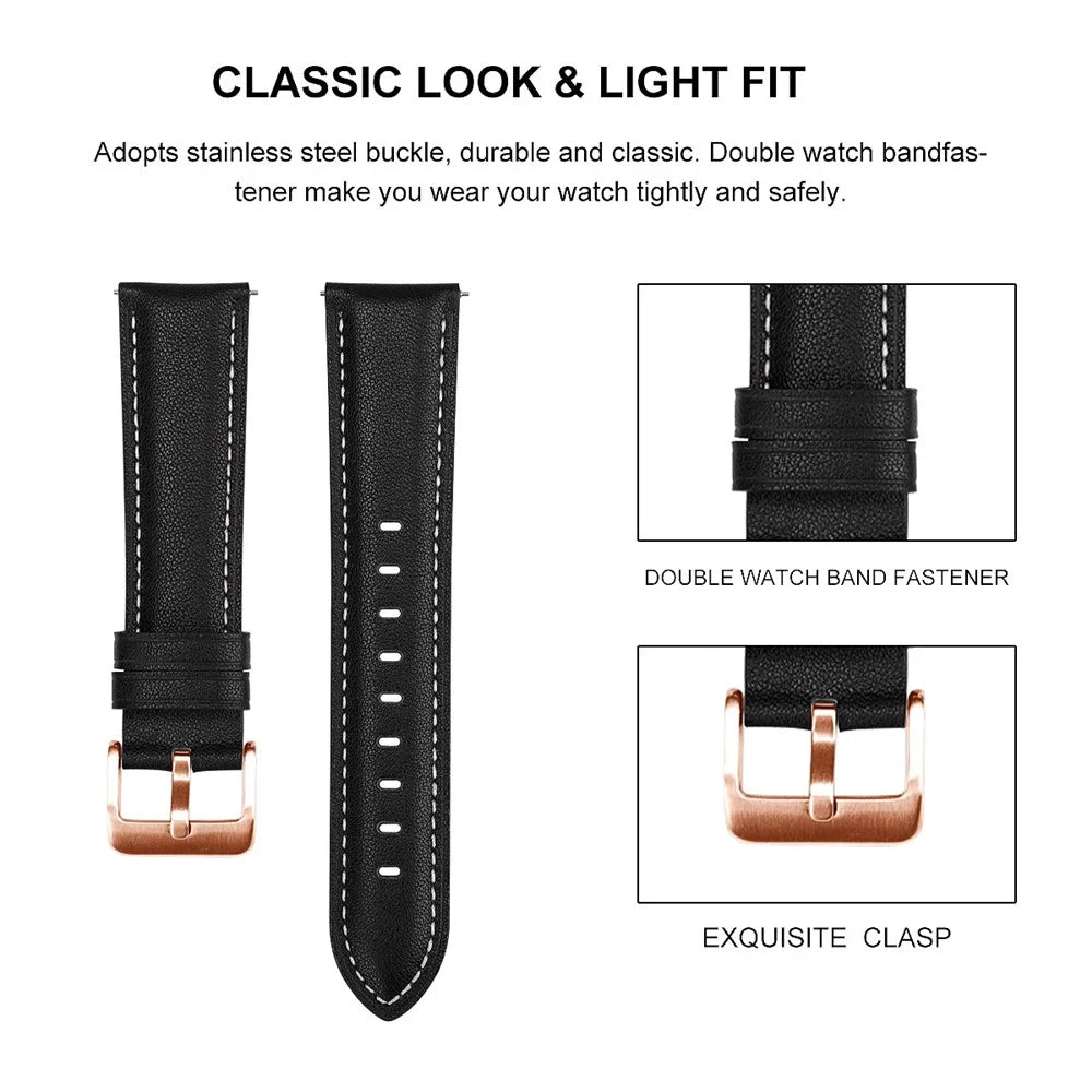 Watch Band for Garmin Venu / Sq / Sq 2 / 2 Plus , 20mm Genuine Cow Leather Strap with Rose Gold Buckle - Black - 3