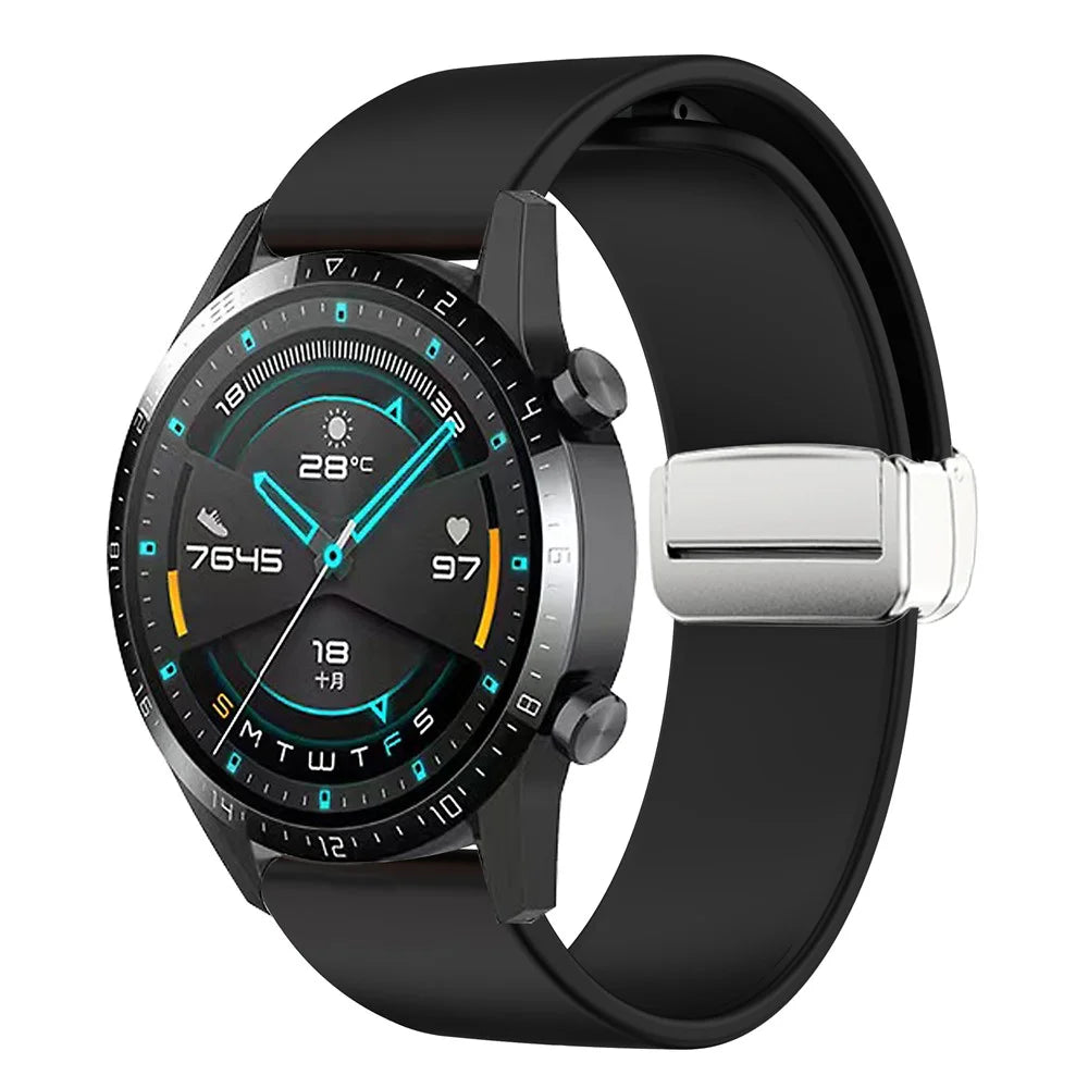 For Garmin Venu / Venu Sq / Venu Sq 2 / Venu 2 Plus Silicone Watch Strap 20mm Wristband with Magnetic Folding Silver Buckle - Black - 2