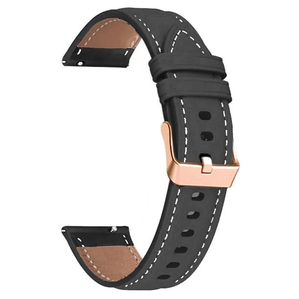 For Garmin Forerunner 265S / 255S / Venu 2S Watch Band 18mm Genuine Cow Leather Wrist Strap, Rose Gold Buckle - Black - 1