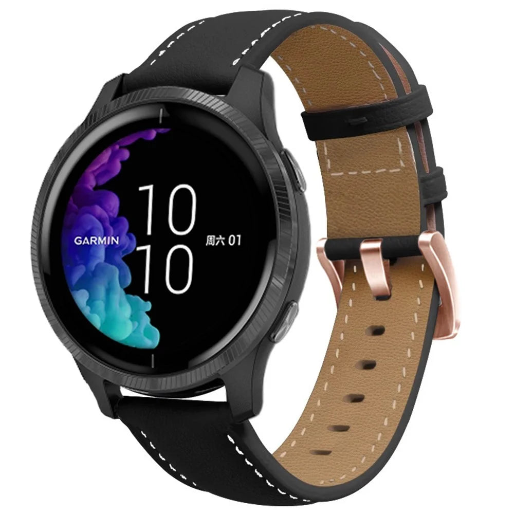 For Garmin Forerunner 265S / 255S / Venu 2S Watch Band 18mm Genuine Cow Leather Wrist Strap, Rose Gold Buckle - Black - 2