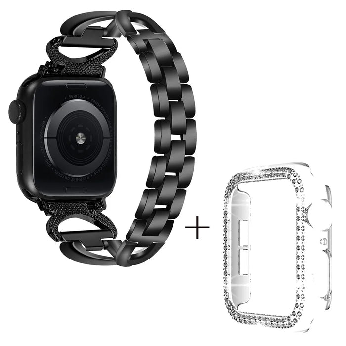 For Apple Watch Series 4 / 5 / 6 / SE / SE (2022) 40mm X-shape Alloy Strap Rhinestones Decor Watchband + PC Clear Watch Case - Black - 1