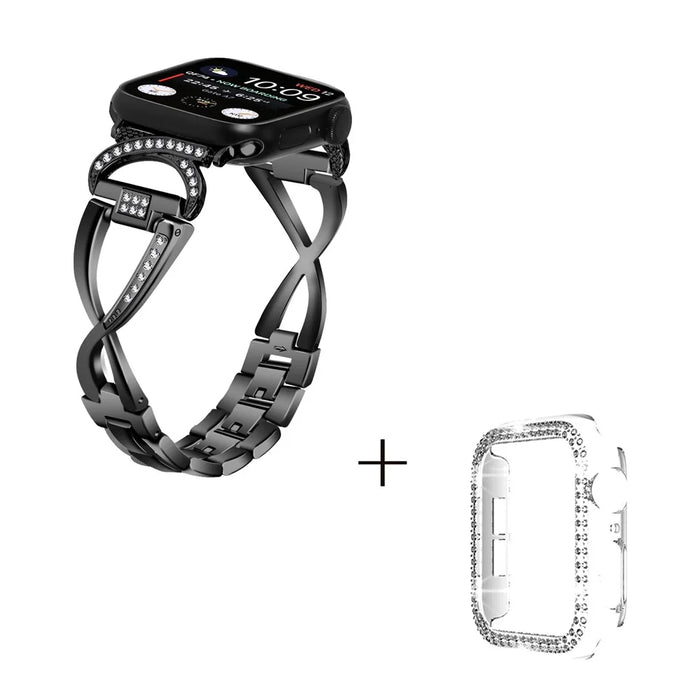 For Apple Watch Series 4 / 5 / 6 / SE / SE (2022) 40mm X-shape Alloy Strap Rhinestones Decor Watchband + PC Clear Watch Case - Black - 2