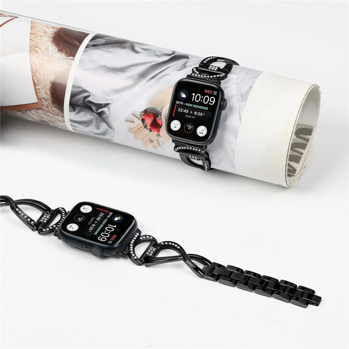 For Apple Watch Series 4 / 5 / 6 / SE / SE (2022) 40mm X-shape Alloy Strap Rhinestones Decor Watchband + PC Clear Watch Case - Black - 4