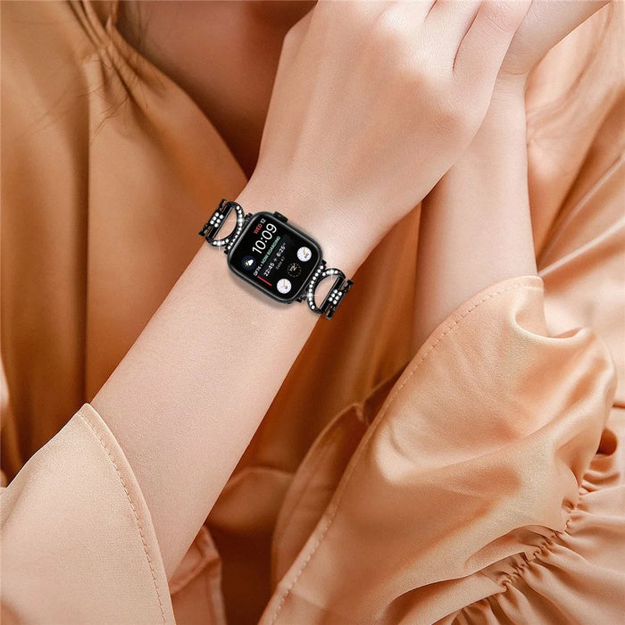 For Apple Watch Series 4 / 5 / 6 / SE / SE (2022) 40mm X-shape Alloy Strap Rhinestones Decor Watchband + PC Clear Watch Case - Black - 5