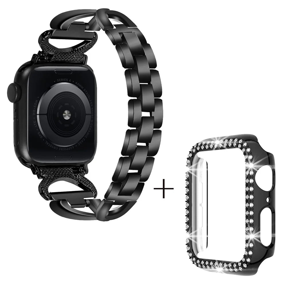 For Apple Watch Series 1  /  2  /  3 38mm X-shape Rhinestones Alloy Replace Strap + PC Watch Case - Black - 1