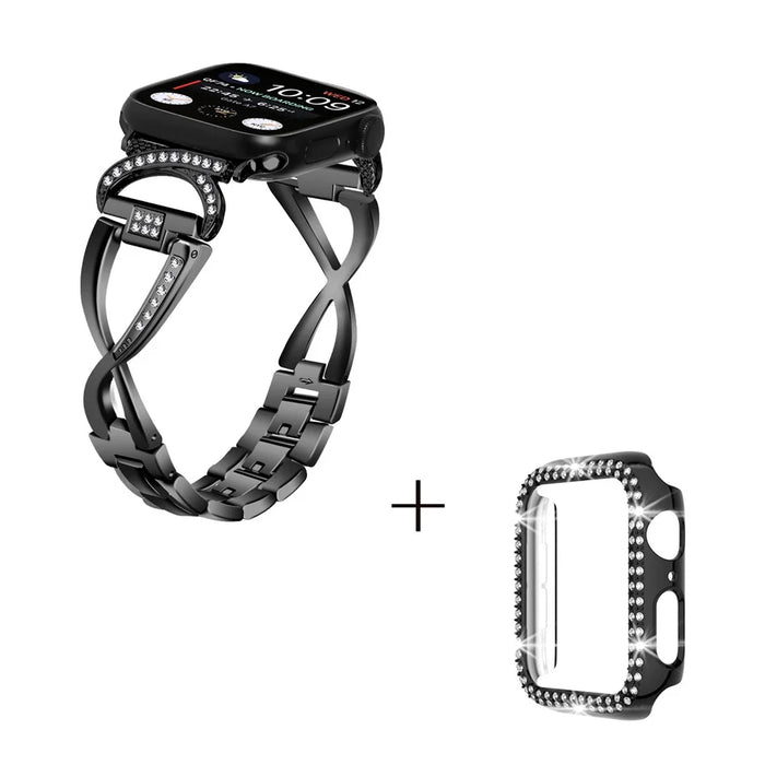 For Apple Watch Series 1  /  2  /  3 38mm X-shape Rhinestones Alloy Replace Strap + PC Watch Case - Black - 2