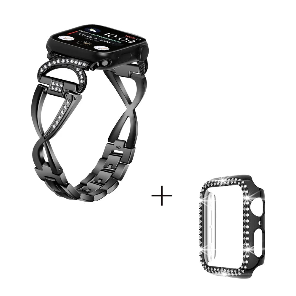 For Apple Watch Series 1 / 2 / 3 42mm X-shape Rhinestones Decor Strap Alloy Watch Band + PC Watch Case - Black - 2