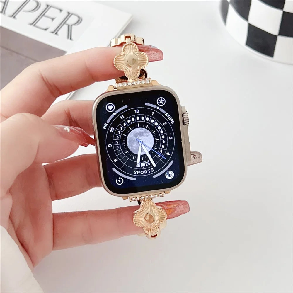 Watch Strap for Apple Watch Series 11 10 42mm / 9 8 7 41mm / SE3 SE2 SE 6 5 4 40mm / 3 2 1 38mm Clover Charm Watch Bracelet Metal Watchband - Gold - 2