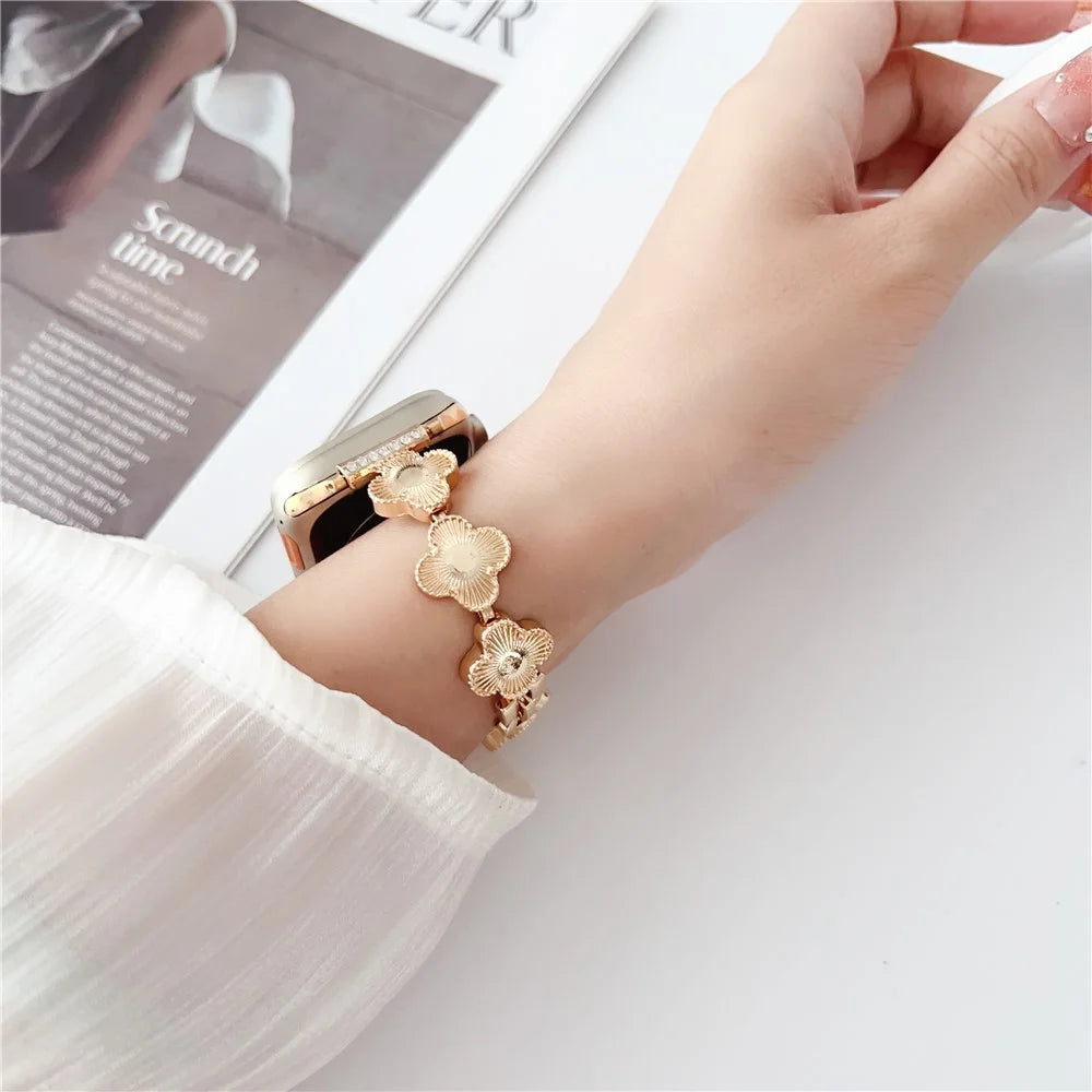Watch Strap for Apple Watch Series 11 10 42mm / 9 8 7 41mm / SE3 SE2 SE 6 5 4 40mm / 3 2 1 38mm Clover Charm Watch Bracelet Metal Watchband - Gold - 4