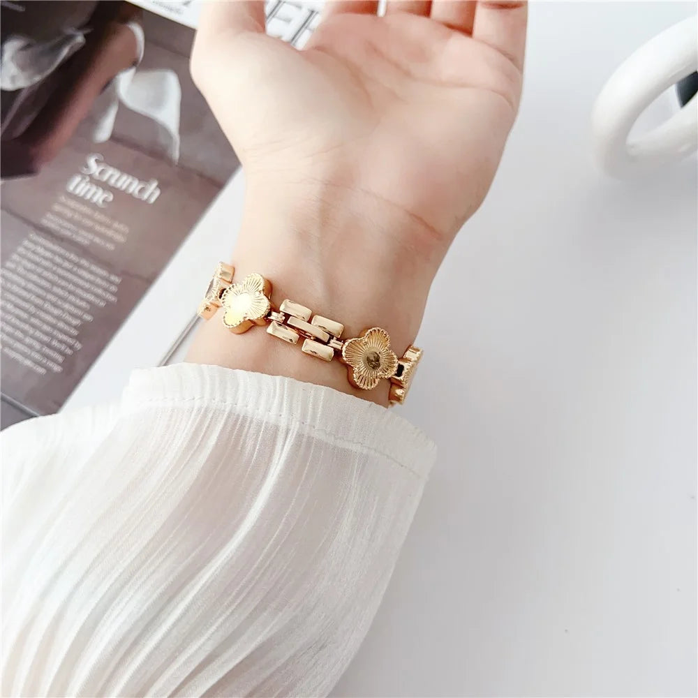 Watch Strap for Apple Watch Series 11 10 42mm / 9 8 7 41mm / SE3 SE2 SE 6 5 4 40mm / 3 2 1 38mm Clover Charm Watch Bracelet Metal Watchband - Gold - 5