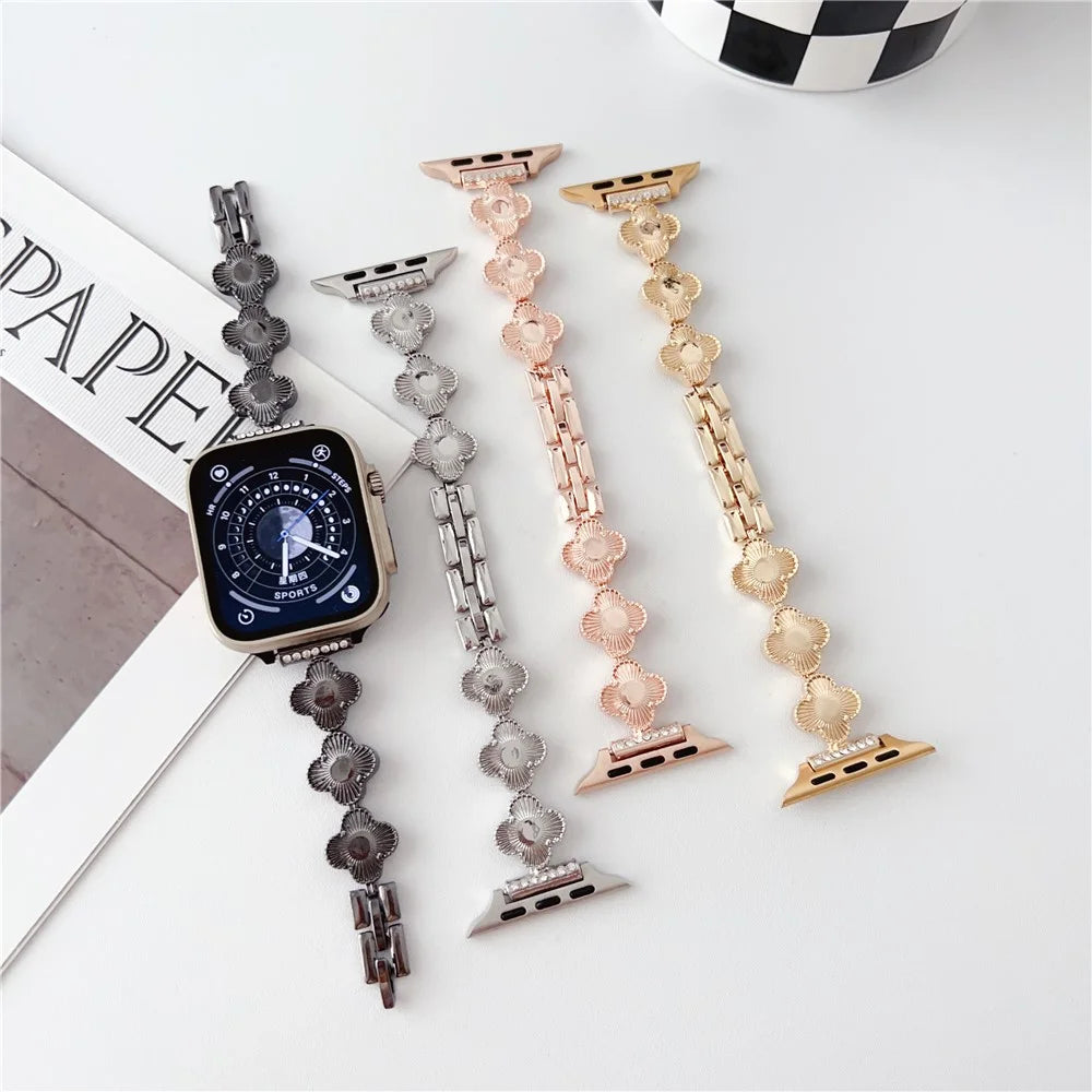 Watch Strap for Apple Watch Series 11 10 42mm / 9 8 7 41mm / SE3 SE2 SE 6 5 4 40mm / 3 2 1 38mm Clover Charm Watch Bracelet Metal Watchband - Gold - 6