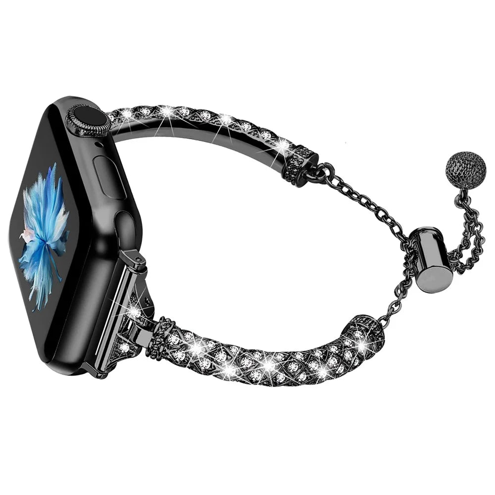 Watch Band for Apple Watch Series 11 10 42mm / 9 8 7 41mm / SE3 SE2 SE 6 5 4 40mm / 3 2 1 38mm Rhinestone Decor Copper Bracelet - Black - 2
