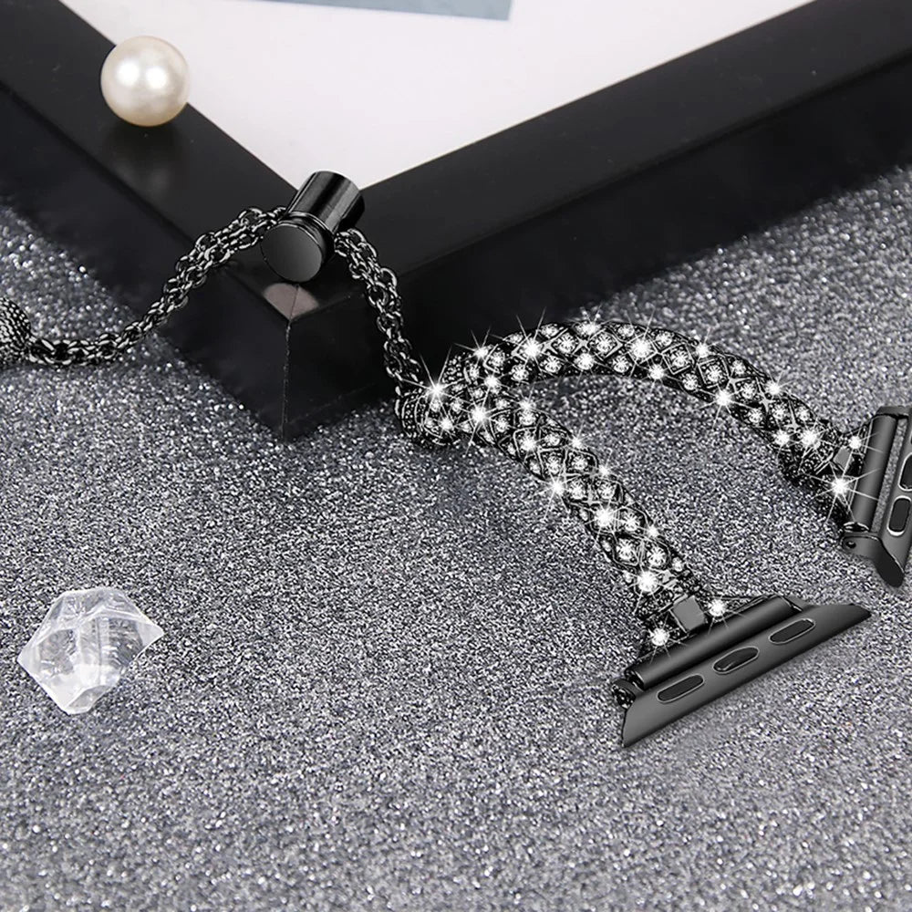 Watch Band for Apple Watch Series 11 10 42mm / 9 8 7 41mm / SE3 SE2 SE 6 5 4 40mm / 3 2 1 38mm Rhinestone Decor Copper Bracelet - Black - 3