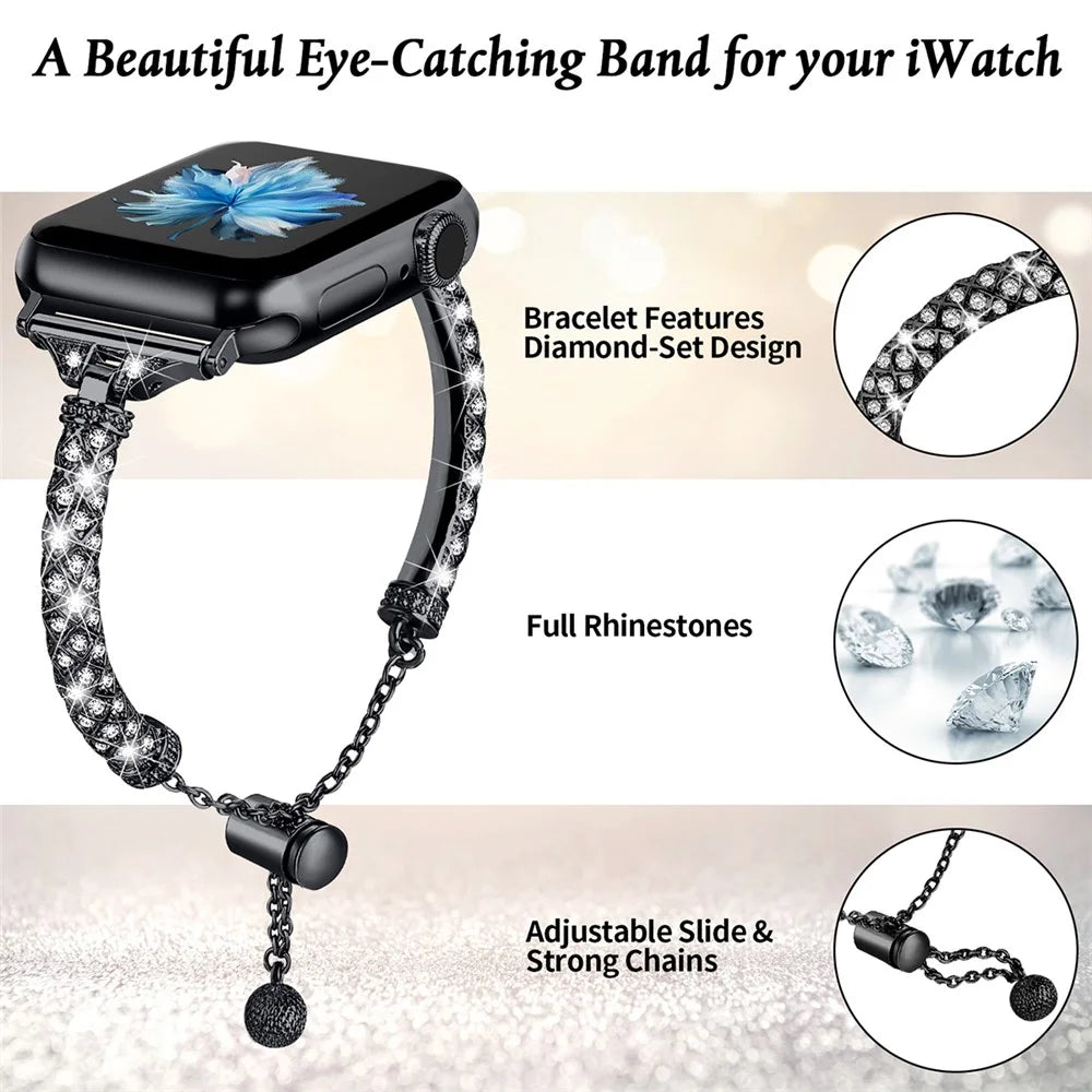 Watch Band for Apple Watch Series 11 10 42mm / 9 8 7 41mm / SE3 SE2 SE 6 5 4 40mm / 3 2 1 38mm Rhinestone Decor Copper Bracelet - Black - 4