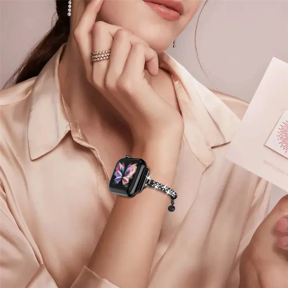Watch Band for Apple Watch Series 11 10 42mm / 9 8 7 41mm / SE3 SE2 SE 6 5 4 40mm / 3 2 1 38mm Rhinestone Decor Copper Bracelet - Black - 6