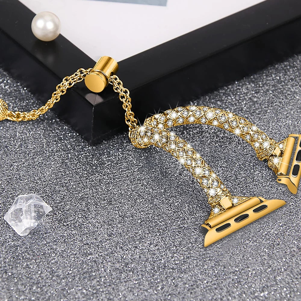 Dressy Bracelet for Apple Watch Ultra 3 2 1 49mm / Series 11 10 46mm / 9 8 7 45mm / SE3 SE2 SE 6 5 4 44mm / 3 2 1 42mm , Rhinestone Decor Copper Watch Band - Gold - 3