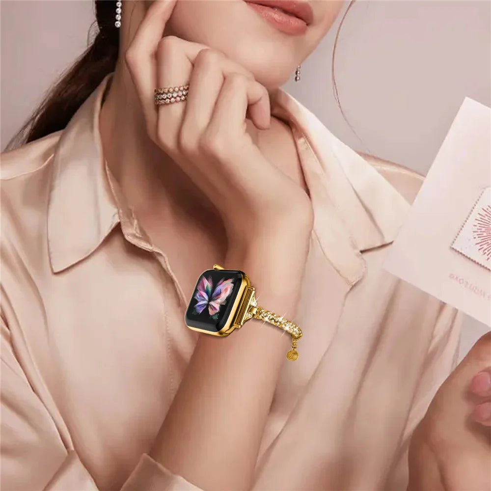 Dressy Bracelet for Apple Watch Ultra 3 2 1 49mm / Series 11 10 46mm / 9 8 7 45mm / SE3 SE2 SE 6 5 4 44mm / 3 2 1 42mm , Rhinestone Decor Copper Watch Band - Gold - 6