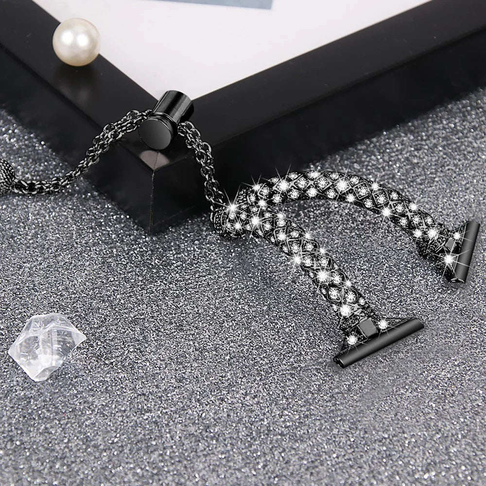 20mm Watch Band for Samsung Galaxy Watch 6 40mm 44mm , Rhinestone Decor Bracelet Copper Wristband Strap - Black - 3