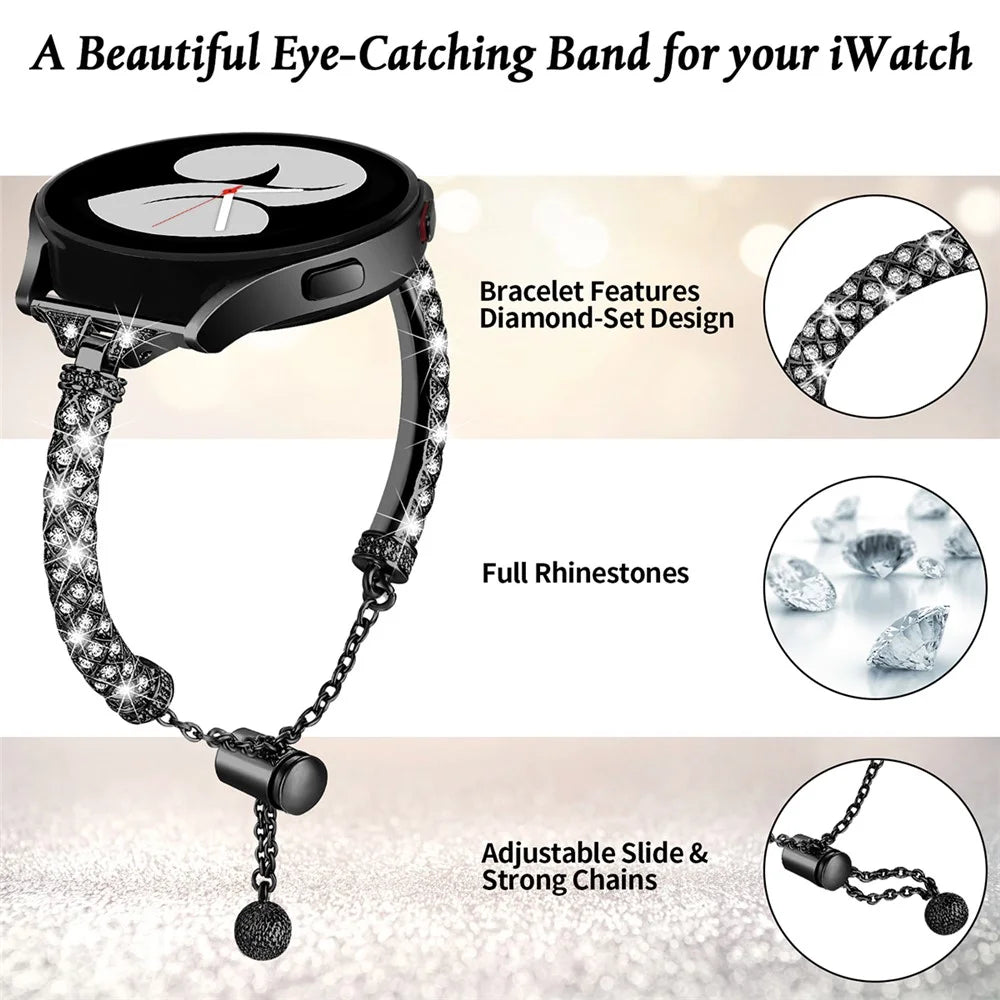 20mm Watch Band for Samsung Galaxy Watch 6 40mm 44mm , Rhinestone Decor Bracelet Copper Wristband Strap - Black - 4