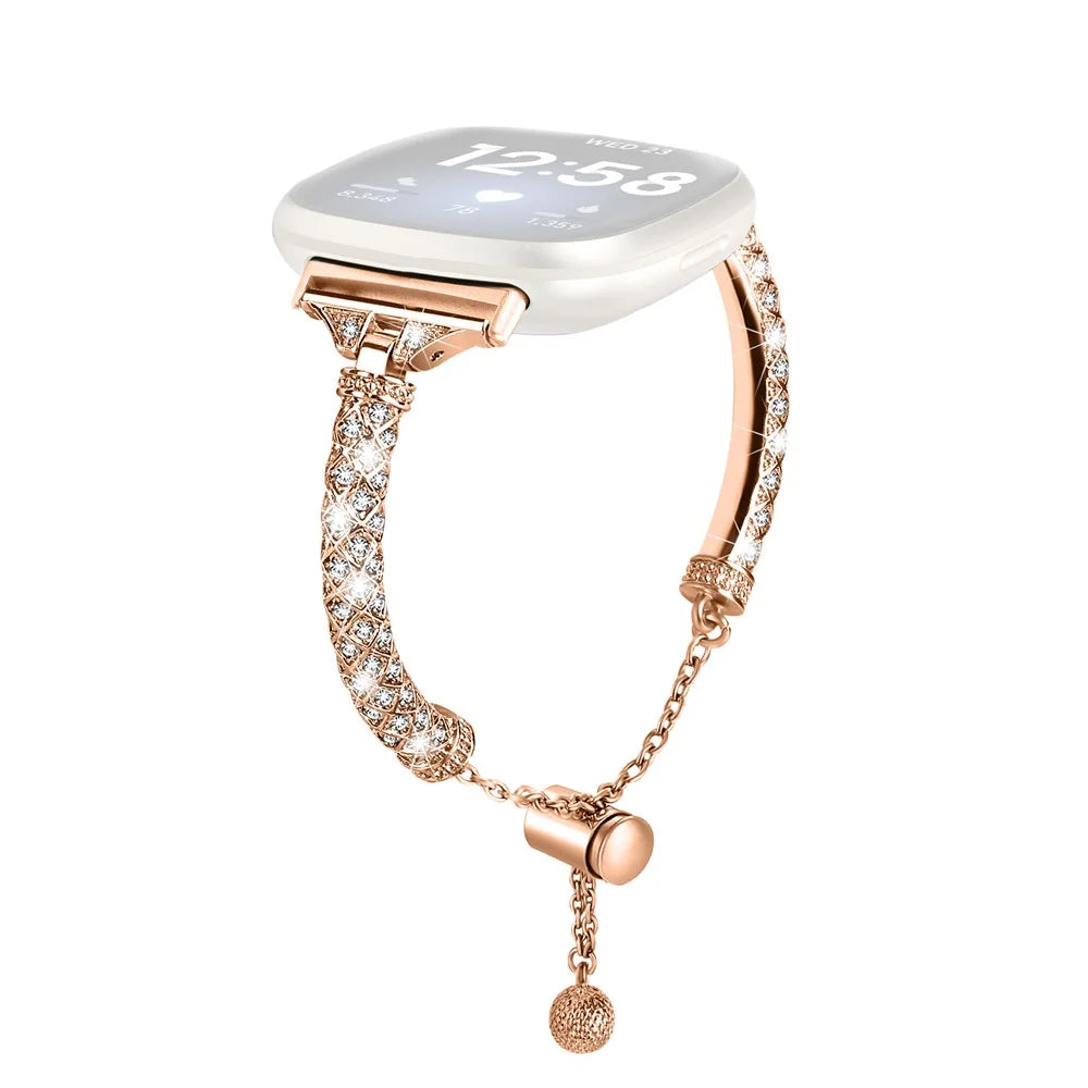 For Fitbit Versa 3 / Sense Watch Band Bling Rhinestone Decor Copper Bracelet Strap - Rose Gold - 1