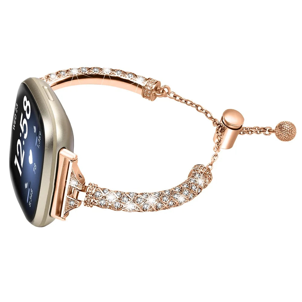 For Fitbit Versa 3 / Sense Watch Band Bling Rhinestone Decor Copper Bracelet Strap - Rose Gold - 2