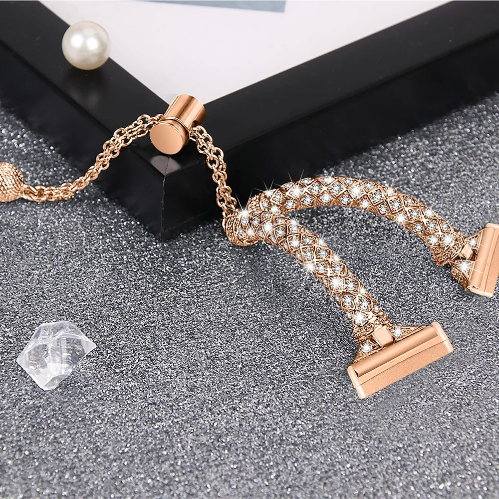 For Fitbit Versa 3 / Sense Watch Band Bling Rhinestone Decor Copper Bracelet Strap - Rose Gold - 3