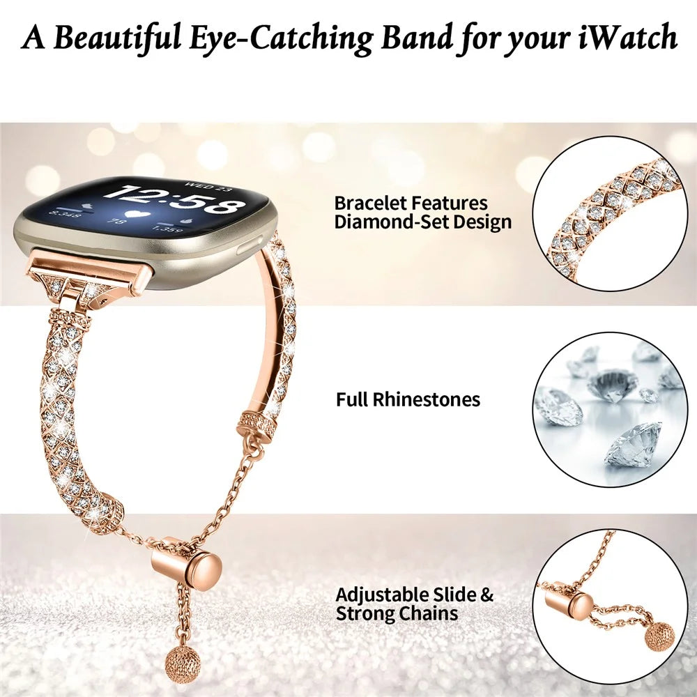 For Fitbit Versa 3 / Sense Watch Band Bling Rhinestone Decor Copper Bracelet Strap - Rose Gold - 4