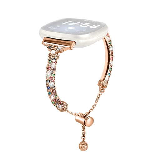 For Fitbit Versa 4 / Sense 2 Bracelets Band Rhinestone Decor Bling Chain Copper Watch Strap - Rose Gold / Colorful Rhinestone - 1
