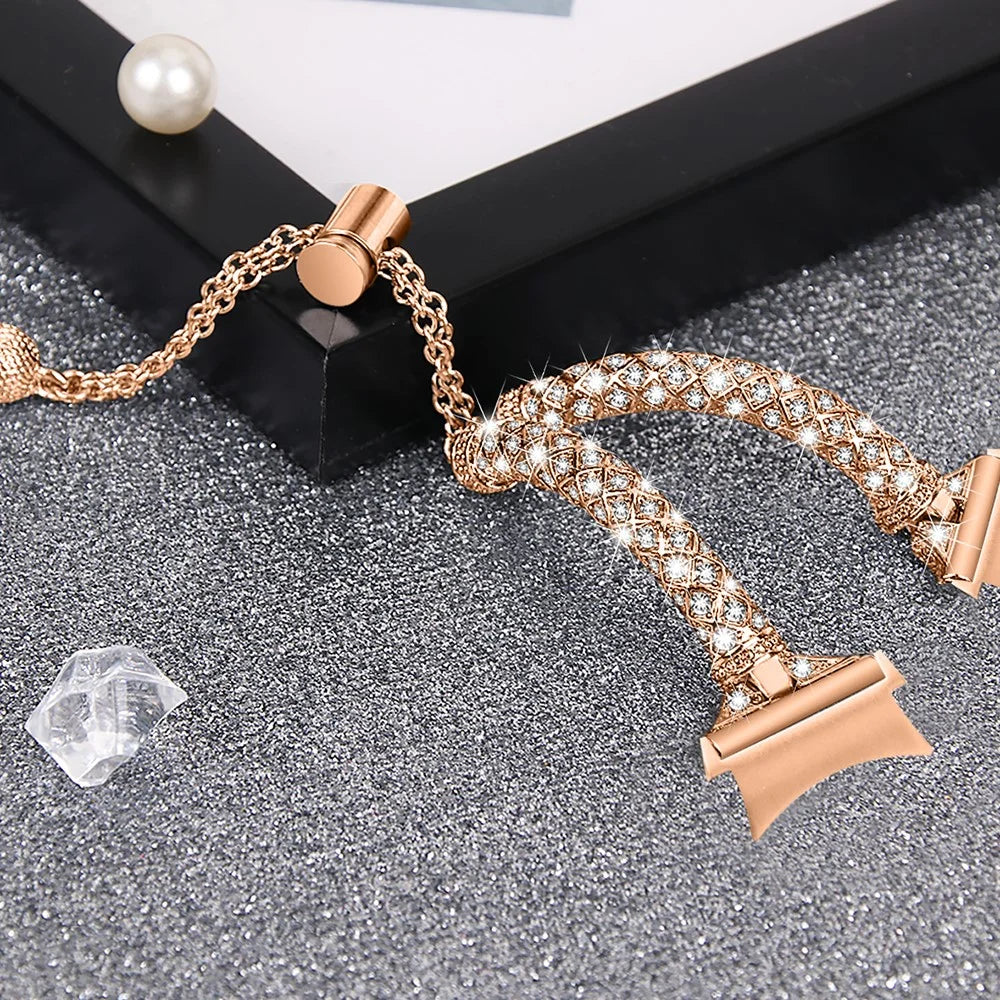 Metal Watch Band for Samsung Galaxy Watch 6 40mm 44mm , Rhinestone Decor Copper Strap Bracelet with Connector - Rose Gold - 3