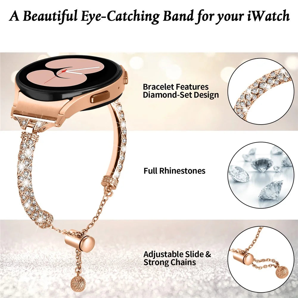 Metal Watch Band for Samsung Galaxy Watch 6 40mm 44mm , Rhinestone Decor Copper Strap Bracelet with Connector - Rose Gold - 4