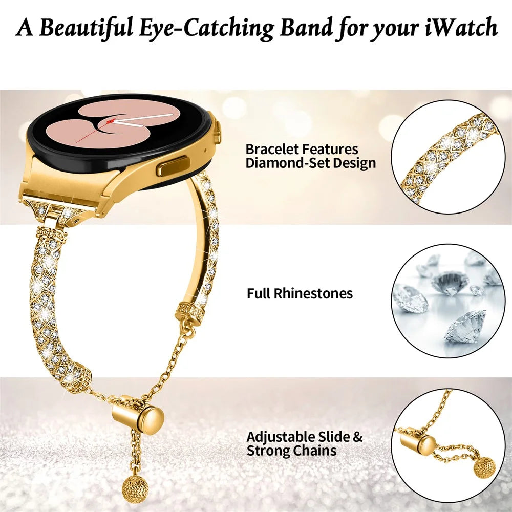 Copper Watch Band for Samsung Galaxy Watch6 40mm 44mm / Watch6 Classic 43mm 47mm / Watch 5 40mm 44mm / Watch4 40mm 44mm , Rhinestone Decor Bracelet with Connector - Gold - 4