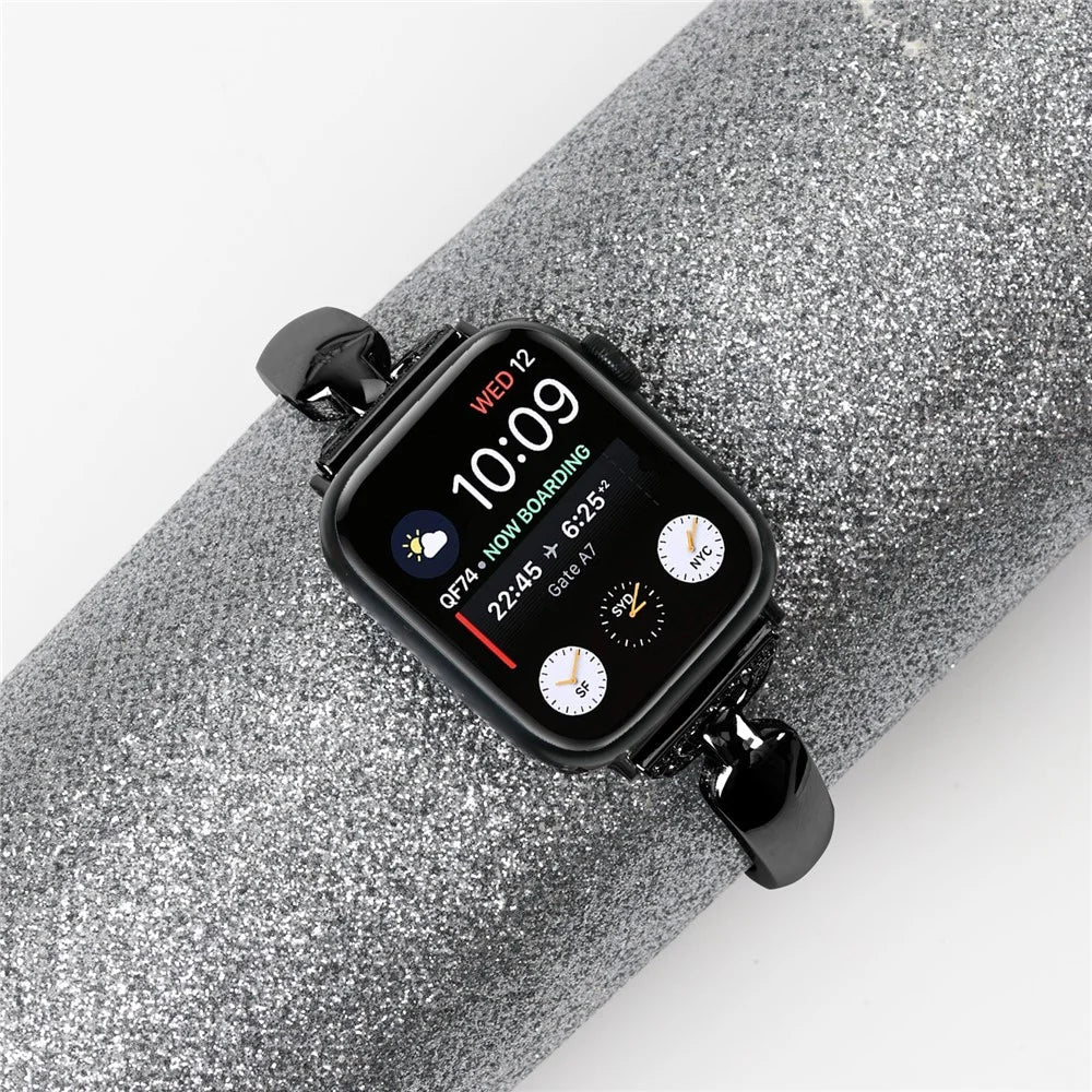 Copper Watch Band for Apple Watch Series 11 10 42mm / 9 8 7 41mm / SE3 SE2 SE 6 5 4 40mm / 3 2 1 38mm D-Shaped Rhinestone Decor Bracelet - Black - 3
