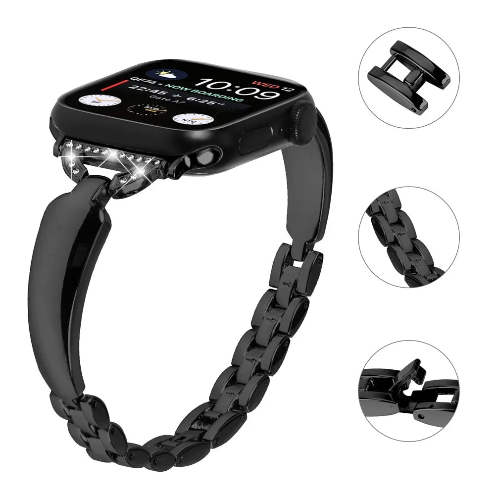 Copper Watch Band for Apple Watch Series 11 10 42mm / 9 8 7 41mm / SE3 SE2 SE 6 5 4 40mm / 3 2 1 38mm D-Shaped Rhinestone Decor Bracelet - Black - 4