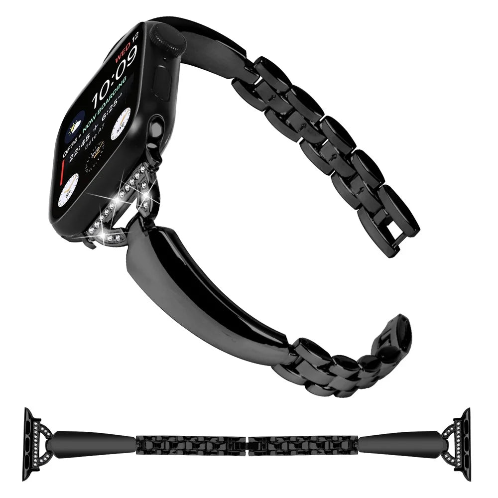 Smartwatch Band for Apple Watch Ultra 3 2 1 49mm / Series 11 10 46mm / 9 8 7 45mm / SE3 SE2 SE 6 5 4 44mm / 3 2 1 42mm , D-Shaped Rhinestone Decor Copper Bracelet - Black - 2