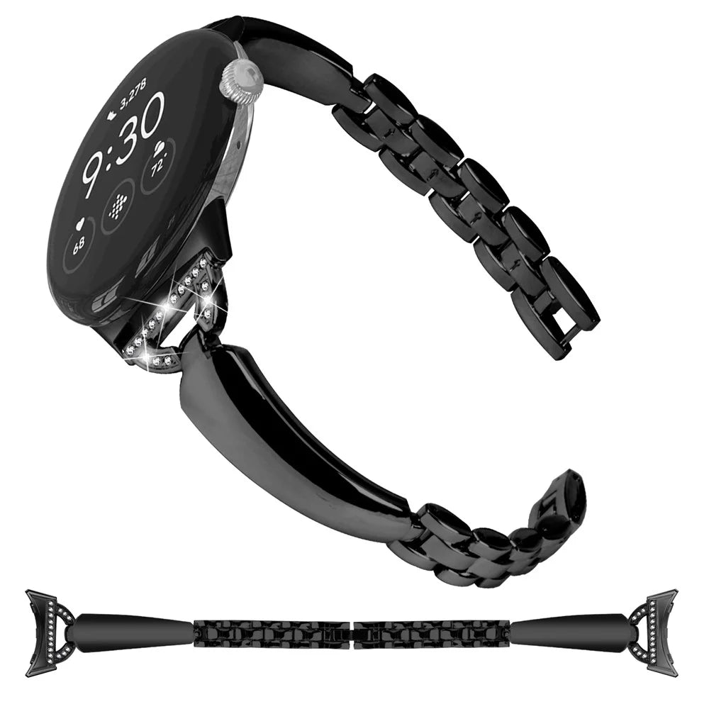 For Google Pixel Watch 4 41mm / Watch 3 41mm / Watch 2 / Watch Bling Band D-Shaped Rhinestone Decor Copper Metal Bracelet Watch Strap - Black - 2