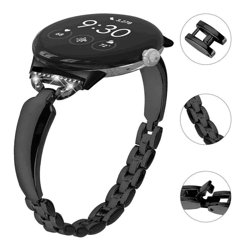 For Google Pixel Watch 4 41mm / Watch 3 41mm / Watch 2 / Watch Bling Band D-Shaped Rhinestone Decor Copper Metal Bracelet Watch Strap - Black - 4