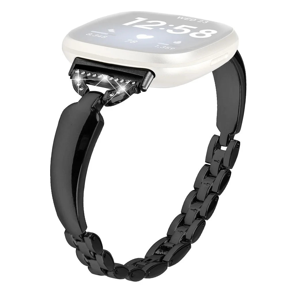 For Fitbit Versa 3 / Sense Copper Watch Band D-shaped Rhinestone Decor Bracelet Strap - Black - 1