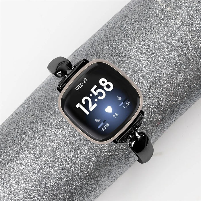 For Fitbit Versa 3 / Sense Copper Watch Band D-shaped Rhinestone Decor Bracelet Strap - Black - 3