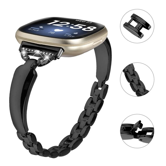 For Fitbit Versa 3 / Sense Copper Watch Band D-shaped Rhinestone Decor Bracelet Strap - Black - 4