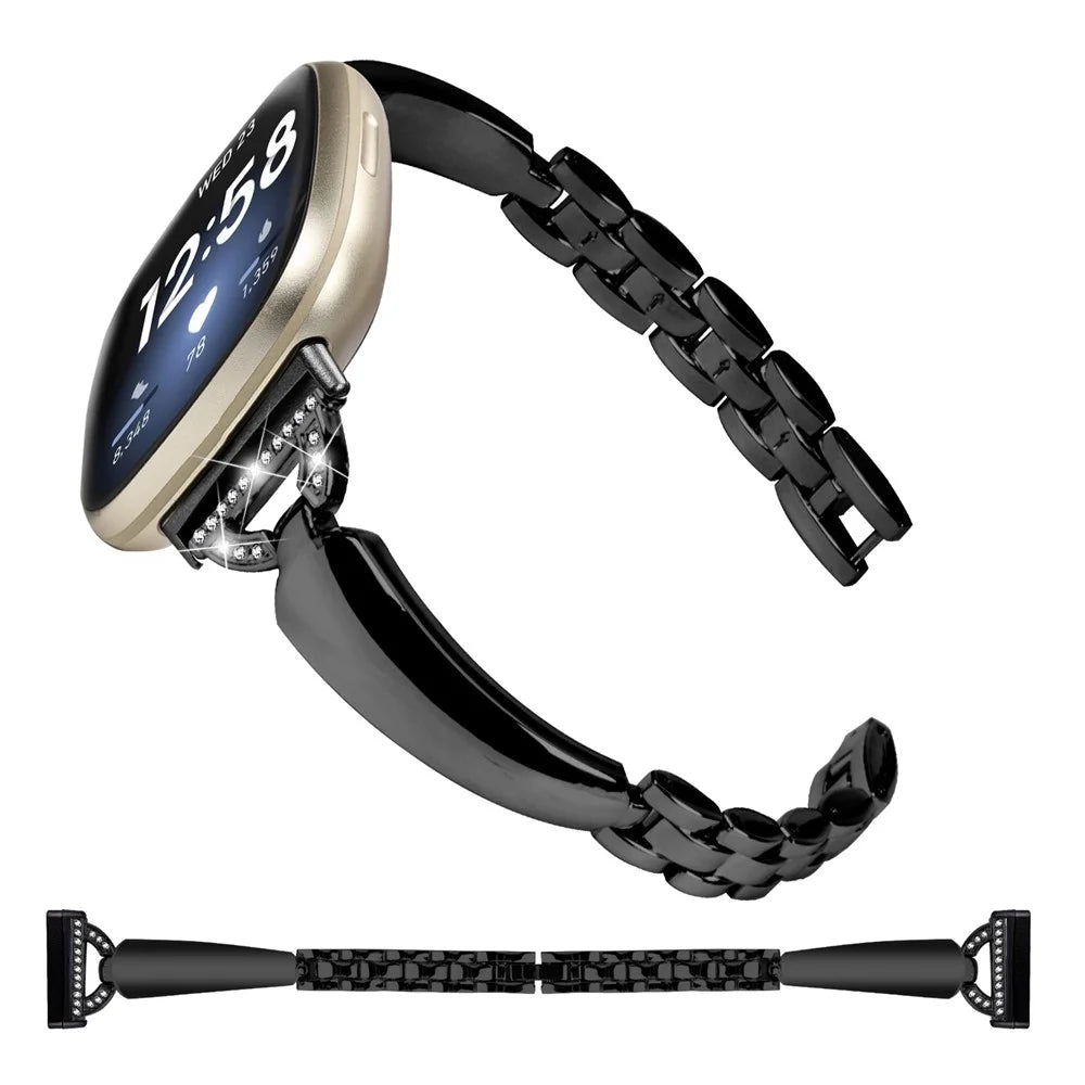 For Fitbit Versa 4 / Sense 2 Watch Band D-shaped Rhinestone Decor Dressy Copper Bracelet Strap - Black - 2