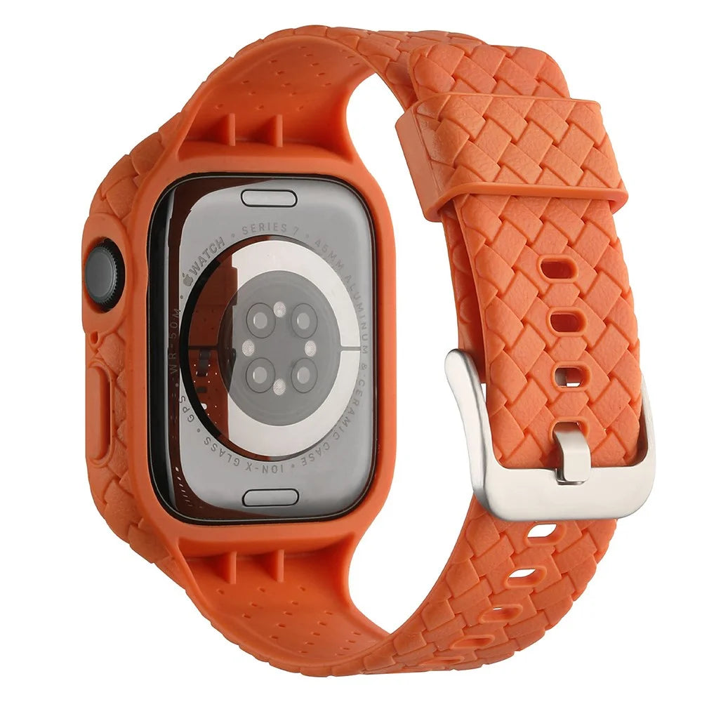 For Apple Watch Series 8  /  7 41mm Woven Texture TPU Wrist Band Integrated Watch Strap with Case - Orange - 1