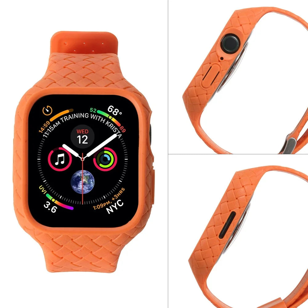 For Apple Watch Series 8  /  7 41mm Woven Texture TPU Wrist Band Integrated Watch Strap with Case - Orange - 7