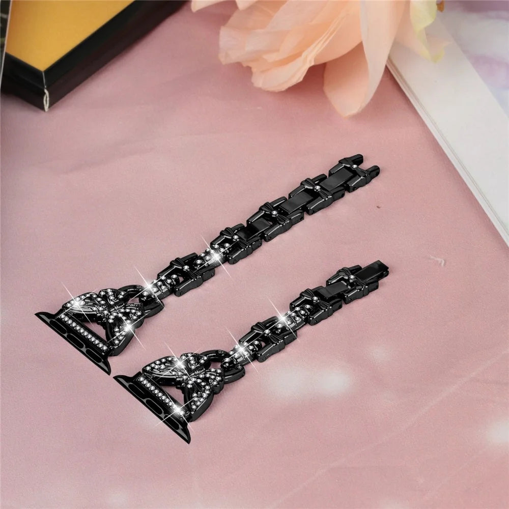 Watch Strap for Apple Watch Series 11 10 42mm / 9 8 7 41mm / SE3 SE2 SE 6 5 4 40mm / 3 2 1 38mm Butterfly Rhinestone Decor Stainless Steel Wristband - Black - 3