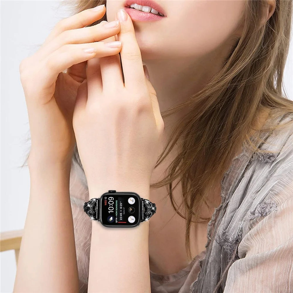 Watch Strap for Apple Watch Series 11 10 42mm / 9 8 7 41mm / SE3 SE2 SE 6 5 4 40mm / 3 2 1 38mm Butterfly Rhinestone Decor Stainless Steel Wristband - Black - 6