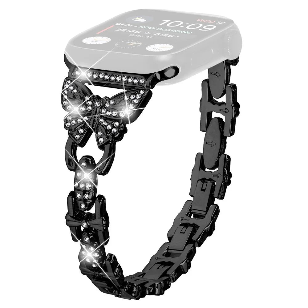 Stainless Steel Watch Band for Apple Watch Ultra 3 2 1 49mm / Series 11 10 46mm / 9 8 7 45mm / SE3 SE2 SE 6 5 4 44mm / 3 2 1 42mm Butterfly Rhinestone Decor Bracelet Strap - Black - 1