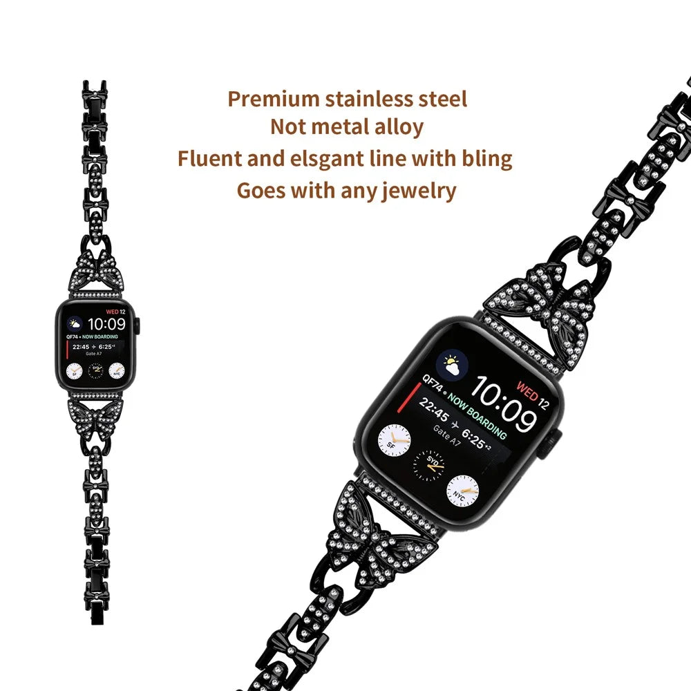 Stainless Steel Watch Band for Apple Watch Ultra 3 2 1 49mm / Series 11 10 46mm / 9 8 7 45mm / SE3 SE2 SE 6 5 4 44mm / 3 2 1 42mm Butterfly Rhinestone Decor Bracelet Strap - Black - 2
