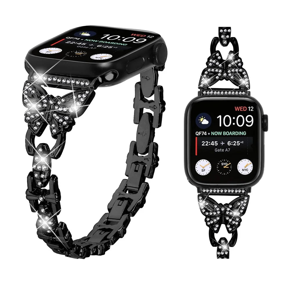 Stainless Steel Watch Band for Apple Watch Ultra 3 2 1 49mm / Series 11 10 46mm / 9 8 7 45mm / SE3 SE2 SE 6 5 4 44mm / 3 2 1 42mm Butterfly Rhinestone Decor Bracelet Strap - Black - 4