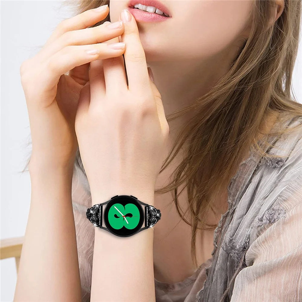 For Samsung Galaxy Watch6 40mm 44mm Stainless Steel Watch Strap Butterfly Rhinestone Decor 20mm Metal Band - Black - 6